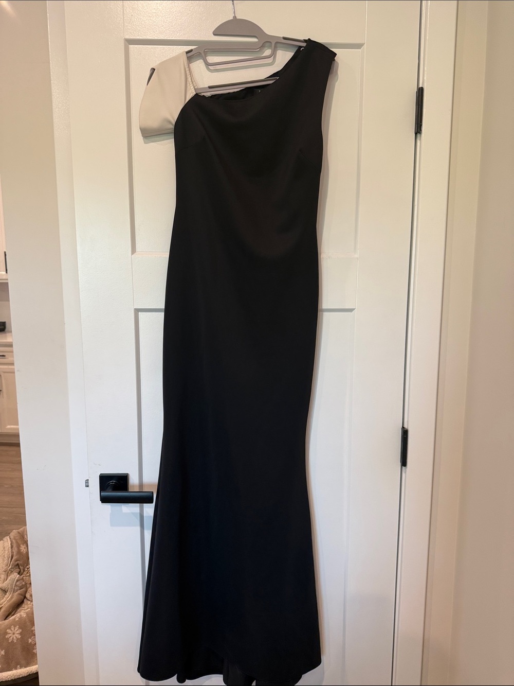Badgley Mischka Black One-Shoulder Gown with White Sleeve